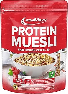 IronMaxx Proteine Muesli Banane 550g | Muesli Vegan aux protéines de soja | Céréales protéinées -30% sucres | Riche en Fibres & Protéines Végétales | Idéal pour un petit-déjeuner Sain